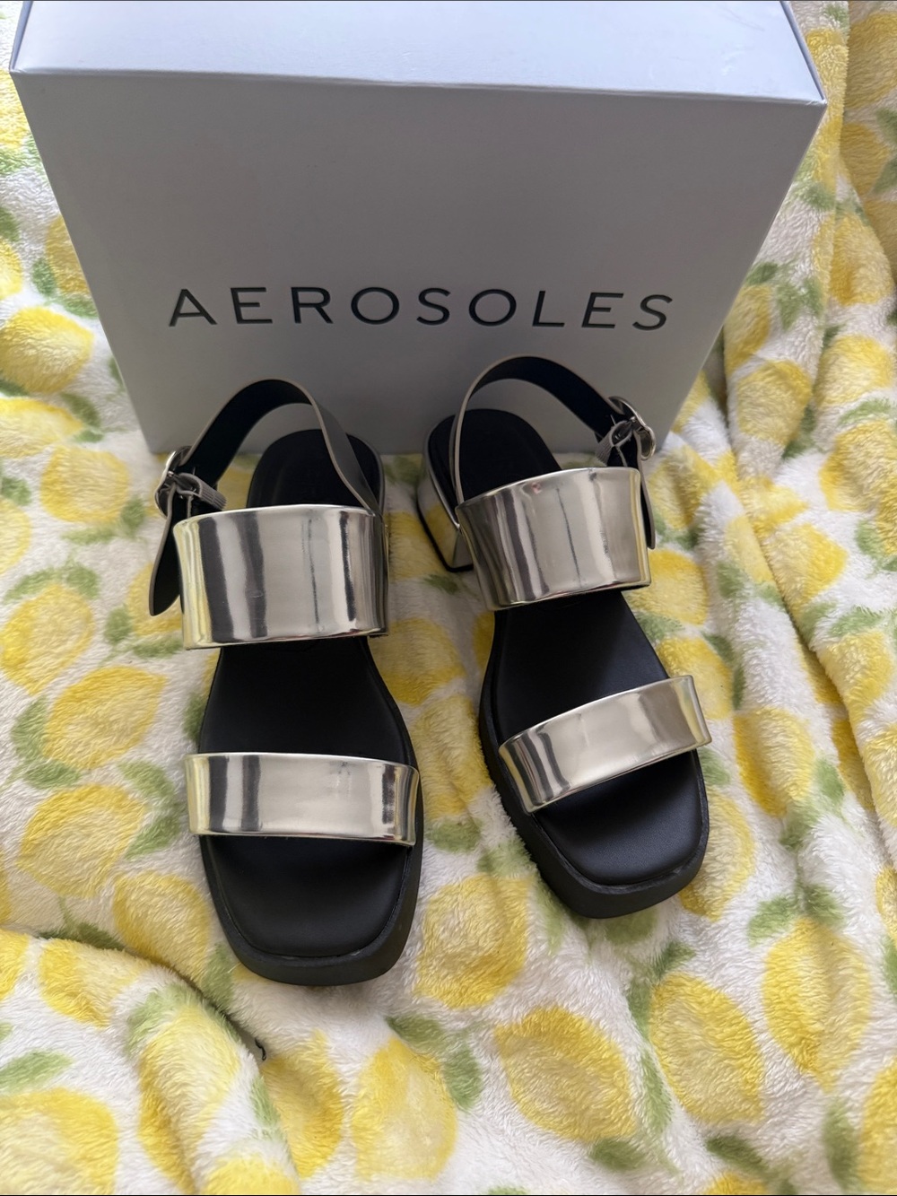 AEROSOLES Silver Metallic Double-Strap Platform Sandals